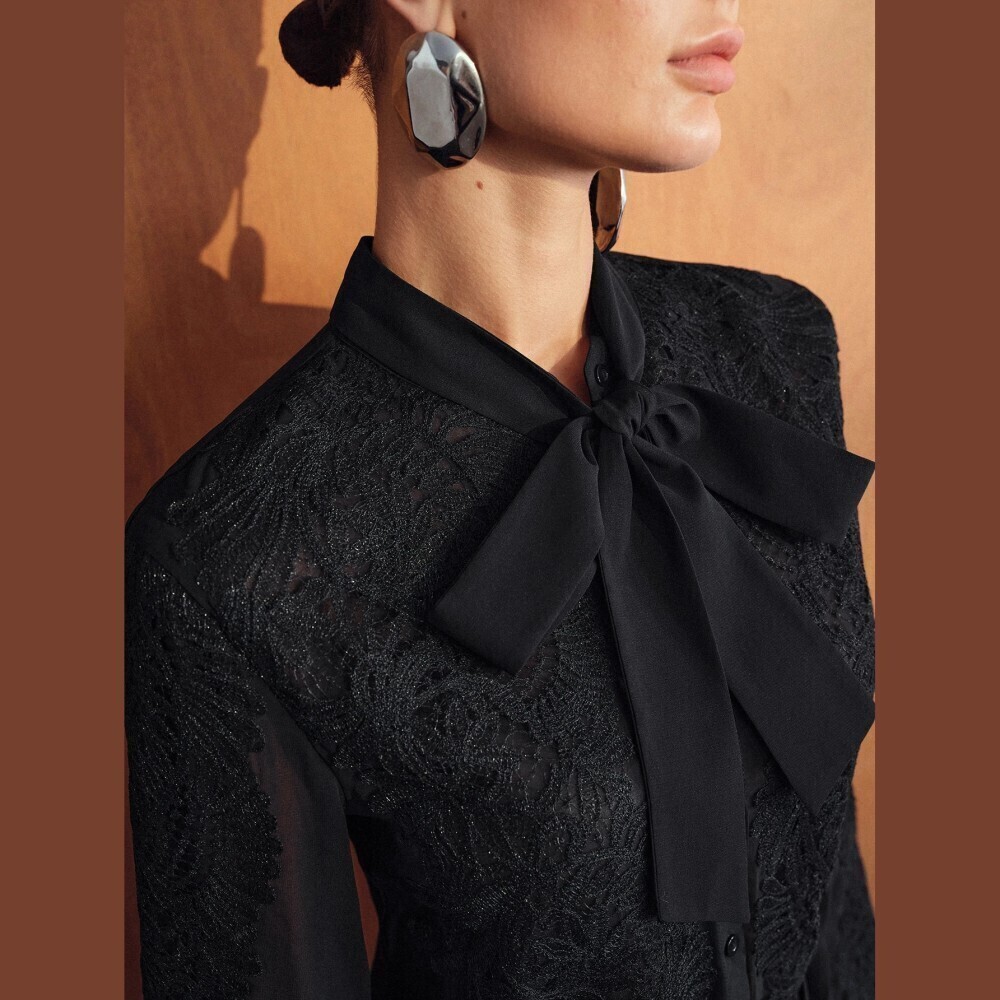 Black Sheer Chiffon Lace Overlay Tie Neck Button Front Blouse